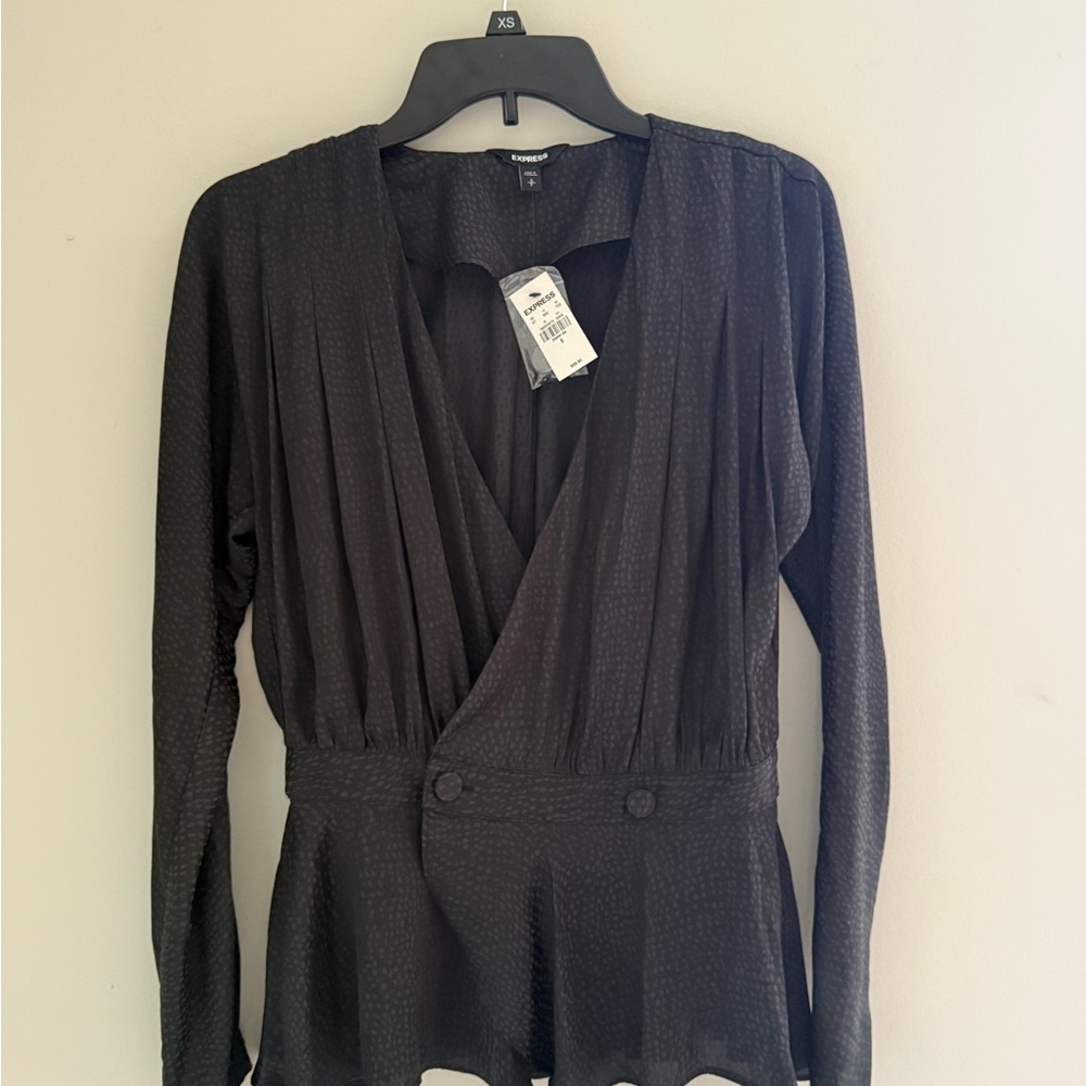Express Black Long Sleeve Surplice Peplum Top